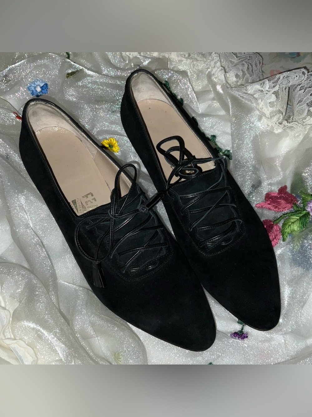 Vintage Salvatore Ferragamo Black Suede Lace-Up Oxford Pumps